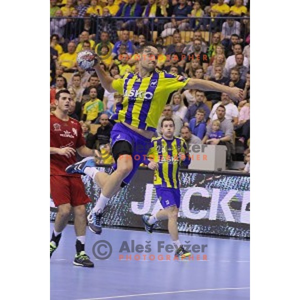 Luka Zvizej of Celje Pivovarna Lasko in action during EHF Champions league match between Celje Pivovarna Lasko and Veszprem in Zlatorog Hall, Celje, Slovenia on November 15, 2015