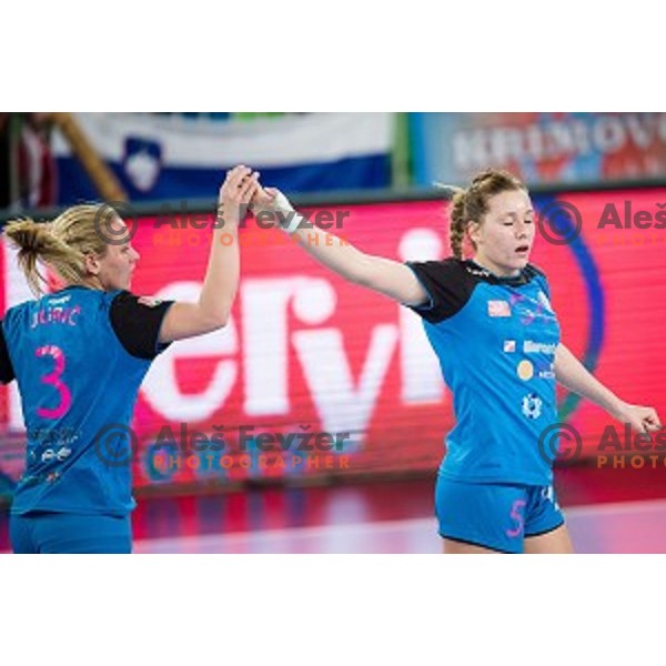 Manca Juric, Marija Obradovic in action during handball match between Krim Mercator - Rostov-Don, EHF Women\'s Champions League, Stozice, Ljubljana, 20.11.2015