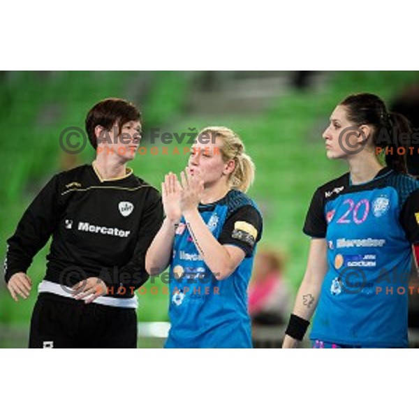 Sergeja Stefanisin, Manca Juric, Alja Koren in action during handball match between Krim Mercator - Rostov-Don, EHF Women\'s Champions League, Stozice, Ljubljana, 20.11.2015