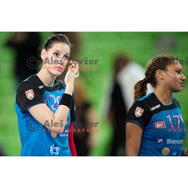 Alja Koren, Elisabeth Omoregie in action during handball match between Krim Mercator - Rostov-Don, EHF Women\'s Champions League, Stozice, Ljubljana, 20.11.2015