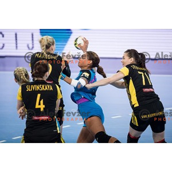 Elisabeth Omoregie in action during handball match between Krim Mercator - Rostov-Don, EHF Women\'s Champions League, Stozice, Ljubljana, 20.11.2015