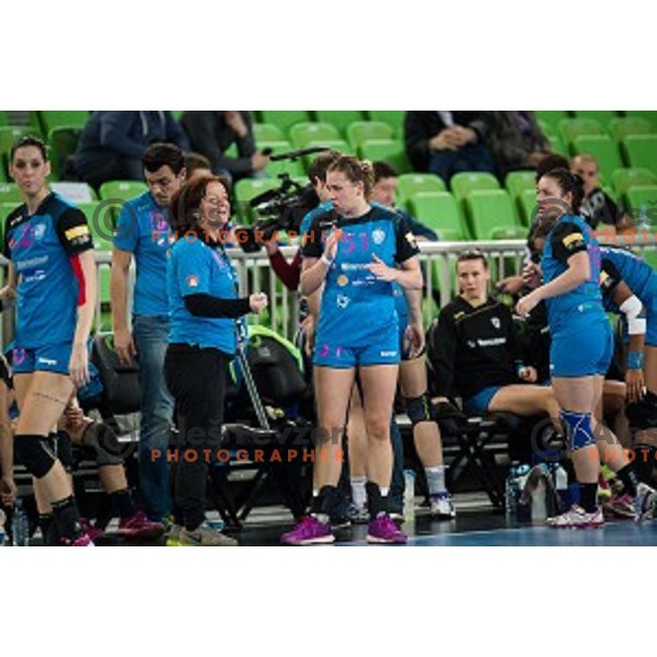 Marta Bon, Marija Obradovic in action during handball match between Krim Mercator - Rostov-Don, EHF Women\'s Champions League, Stozice, Ljubljana, 20.11.2015