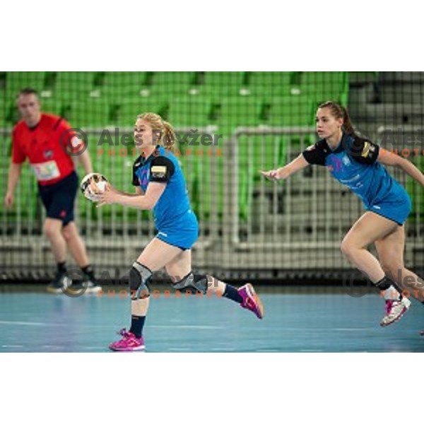 Polona Baric, Ana Zrimsek in action during handball match between Krim Mercator - Rostov-Don, EHF Women\'s Champions League, Stozice, Ljubljana, 20.11.2015