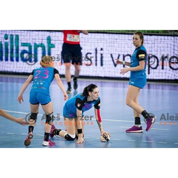 Polona Baric, Alja Koren, Marija Obradovic in action during handball match between Krim Mercator - Rostov-Don, EHF Women\'s Champions League, Stozice, Ljubljana, 20.11.2015