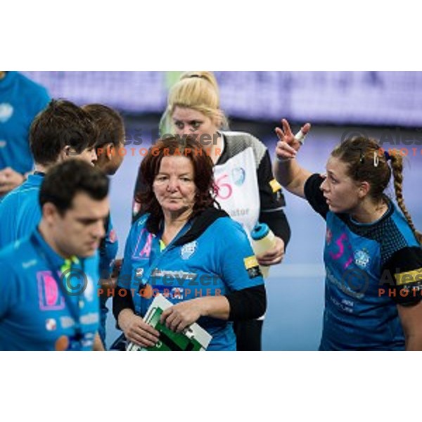 Marta Bon, Marija Obradovic in action during handball match between Krim Mercator - Rostov-Don, EHF Women\'s Champions League, Stozice, Ljubljana, 20.11.2015