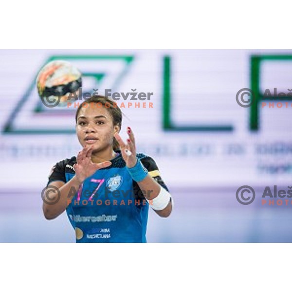 Elisabeth Omoregie in action during handball match between Krim Mercator - Rostov-Don, EHF Women\'s Champions League, Stozice, Ljubljana, 20.11.2015