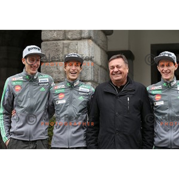 Nejc Dezman, Jurij Tepes, Zoran Jankovic, Peter Prevc at press conference of Slovenia Nordic team for 2015/2016 World Cup ski jumping season in Ljubljana, Slovenia on November 23, 2015