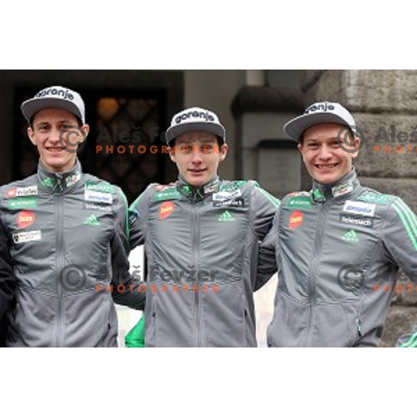 Peter Prevc, Domen Prevc, Anze Lanisek at press conference of Slovenia Nordic team for 2015/2016 World Cup ski jumping season in Ljubljana, Slovenia on November 23, 2015