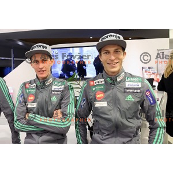 Peter Prevc and Jurij Tepes at press conference of Slovenia Nordic team for 2015/2016 World Cup ski jumping season in Ljubljana, Slovenia on November 23, 2015