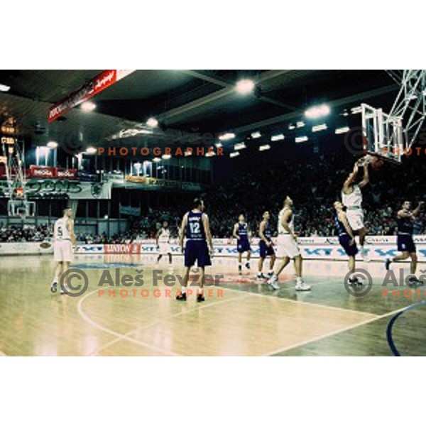Mario Kraljevic, Vladimer Stepania in action during basketball match Smelt Olimpija- Cibona in Tivoli Hall, Ljubljana, Slovenia on March 11, 1997