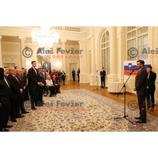 Borut Pahor with Slovenian sportsman and sportswoman at reception by president of Republic of Slovenia in Ljubljana on December 8, 2015