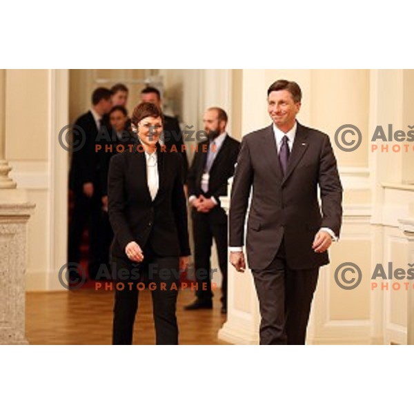 Mojca Makovec Brencic and Borut Pahor with Slovenian sportsman and sportswoman at reception by president of Republic of Slovenia in Ljubljana on December 8, 2015