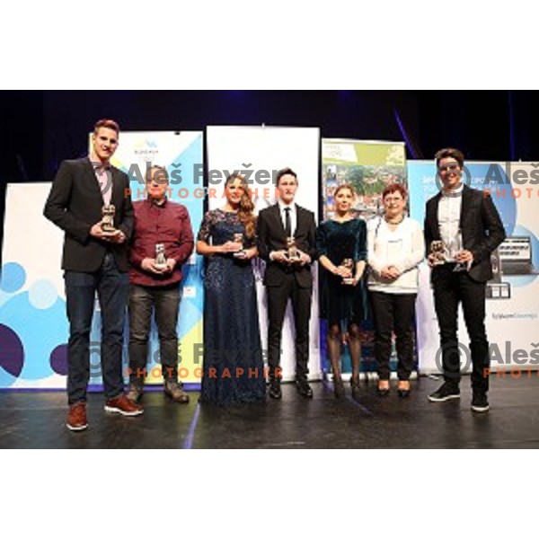 Jan Kozamernik, Tina Maze and Peter Prevc at Slovenian sportsman of the year 2015 awards during Gala night in Cankar Hall on December 8, 2015, Ljubljana, Slovenia