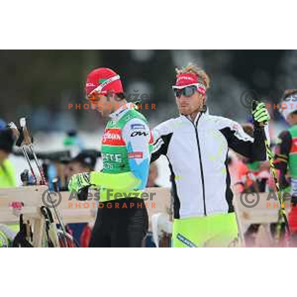 Klemen Bauer and Jakov Fak during BMW IBU World Cup Biathlon Official Training at Pokljuka, Slovenia on December 16, 2015