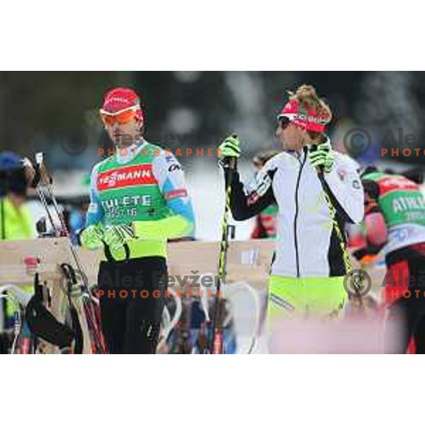 Klemen Bauer and Jakov Fak during BMW IBU World Cup Biathlon Official Training at Pokljuka, Slovenia on December 16, 2015