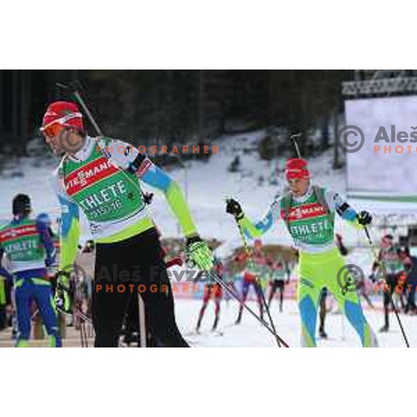 Jakov Fak and Rok Tršan during BMW IBU World Cup Biathlon Official Training at Pokljuka, Slovenia on December 16, 2015