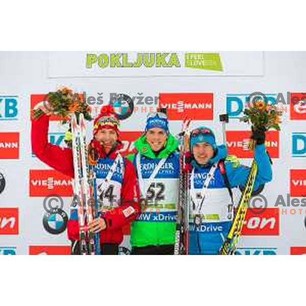 Ole Einar Bjorendalen, Simon Schempp and Evgeniy Garanichev during BMW IBU World Cup Biathlon Men 10k Sprint at Pokljuka, Slovenia on December 17, 2015
