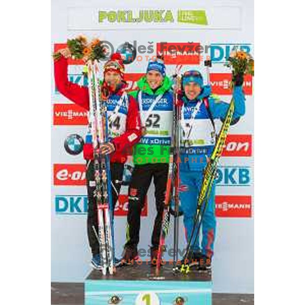 Ole Einar Bjorendalen, Simon Schempp and Evgeniy Garanichev during BMW IBU World Cup Biathlon Men 10k Sprint at Pokljuka, Slovenia on December 17, 2015
