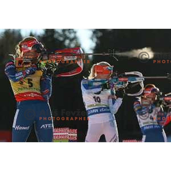 Gabriela Soukalova and Kaisa Makarainen during BMW IBU World Cup Biathlon Women Pursuit 10km at Pokljuka, Slovenia on December 19, 2015