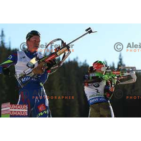 Laura Dahlmeier and Marie Dorin Habert during BMW IBU World Cup Biathlon Women Pursuit 10km at Pokljuka, Slovenia on December 19, 2015