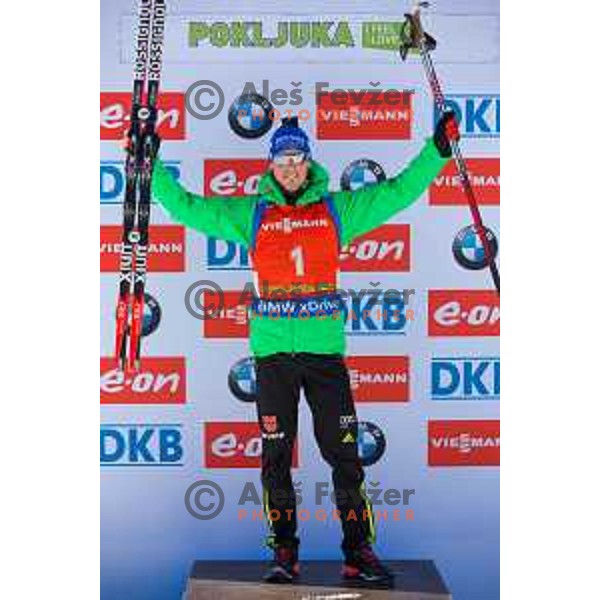 Simon Schempp during BMW IBU World Cup Biathlon Men Pursuit 12.5km at Pokljuka, Slovenia on December 19, 2015
