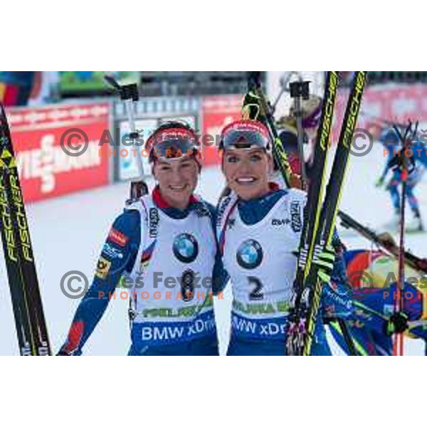 Olga Podchufarova and Gabriela Soukalova during BMW IBU World Cup Biathlon Women Mass Start 12.5km at Pokljuka, Slovenia on December 20, 2015