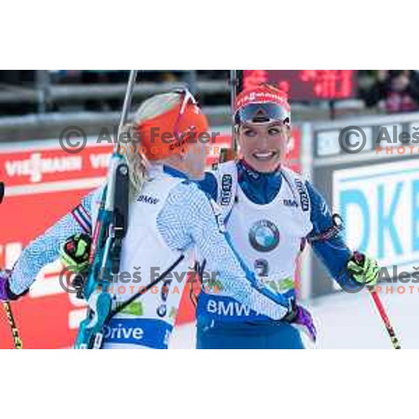 Kaisa Makarainen and Gabriela Soukalova during BMW IBU World Cup Biathlon Women Mass Start 12.5km at Pokljuka, Slovenia on December 20, 2015