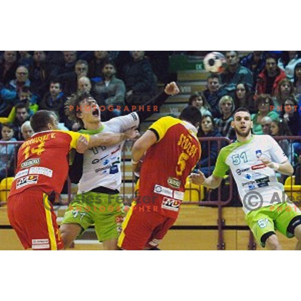 Jure Dolenec in action during friendly handball match between Slovenia and Macedonia in Krsko, Slovenia on January 4, 2016