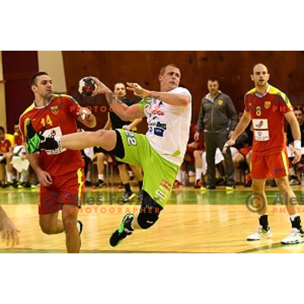 Matej Gaber in action during friendly handball match between Slovenia and Macedonia in Krsko, Slovenia on January 4, 2016