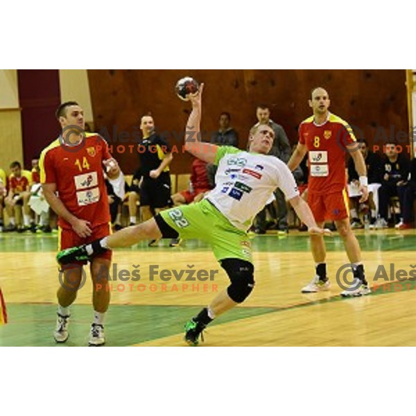 Matej Gaber in action during friendly handball match between Slovenia and Macedonia in Krsko, Slovenia on January 4, 2016