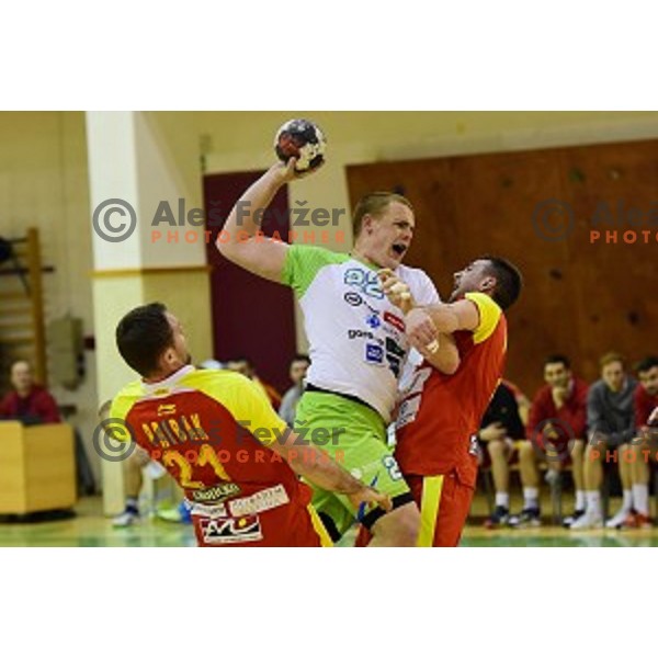 Matej Gaber in action during friendly handball match between Slovenia and Macedonia in Krsko, Slovenia on January 4, 2016