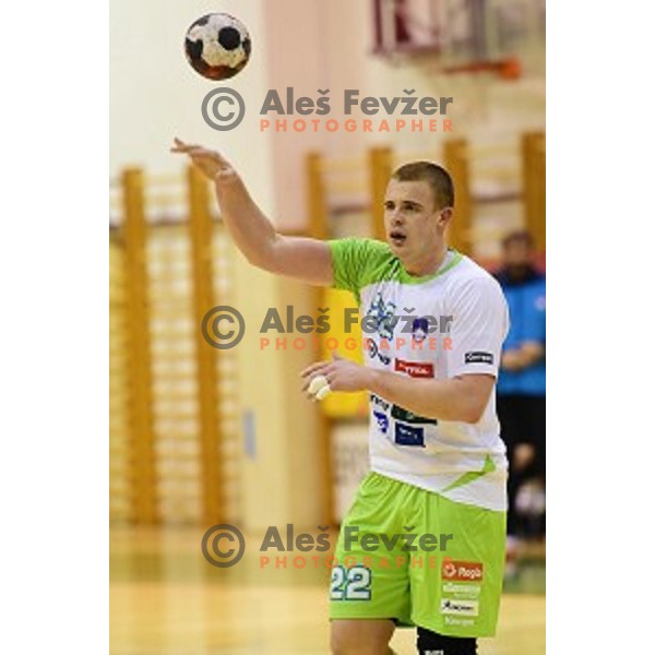 Matej Gaber in action during friendly handball match between Slovenia and Macedonia in Krsko, Slovenia on January 4, 2016