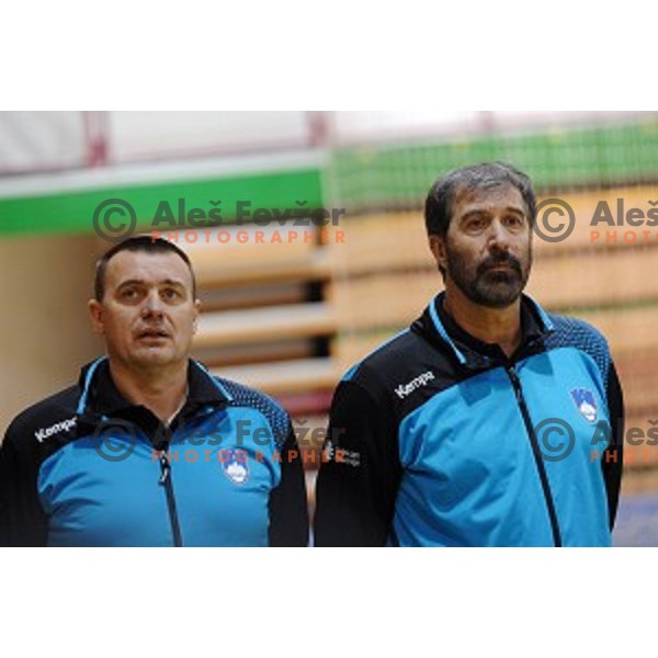 Uros Serbec and Veselin Vujovic during friendly handball match between Slovenia and Macedonia in Krsko, Slovenia on January 4, 2016