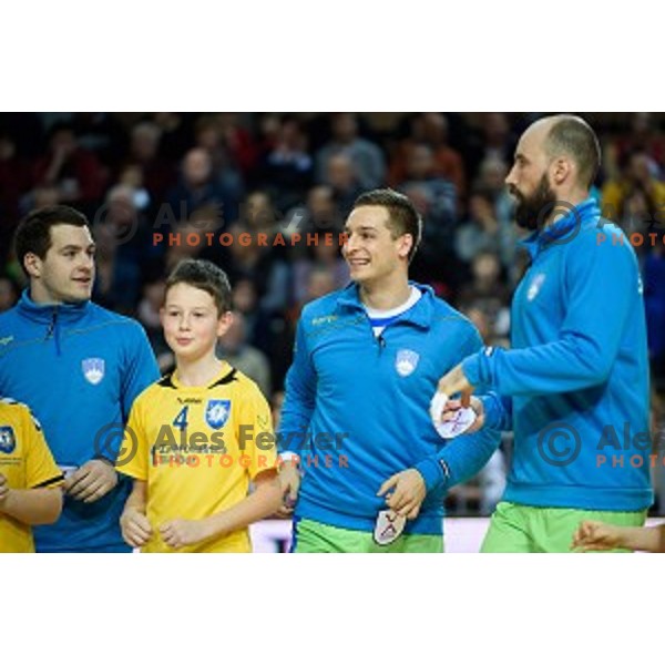 Miha Zarabec, Gasper Marguc, Vid Kavticnik in action during friendly handball match between Slovenia - Croatia, Bonifika, Koper, 09.01.2016