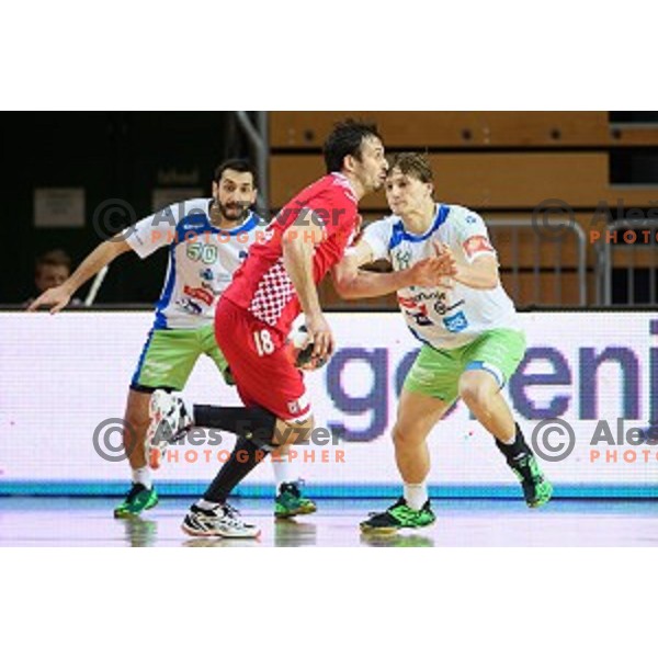 Dragan Gajic, Jure Dolenec in action during friendly handball match between Slovenia - Croatia, Bonifika, Koper, 09.01.2016