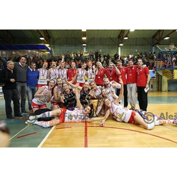 Players of Nova KBM Branik celebrate victory in the Final of Slovenian Volleyball Cup between Calcit Volleyball and Nova KBM Branik in Kamnik, Slovenia on January 9, 2016