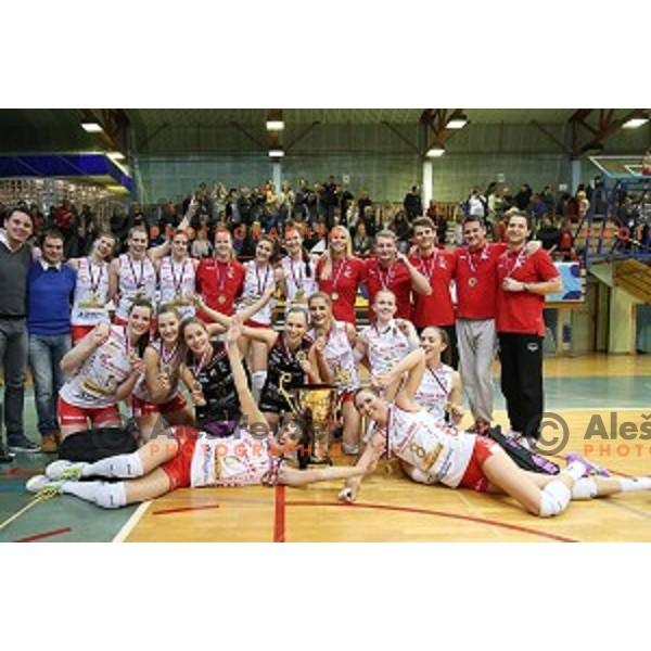 Players of Nova KBM Branik celebrate victory in the Final of Slovenian Volleyball Cup between Calcit Volleyball and Nova KBM Branik in Kamnik, Slovenia on January 9, 2016