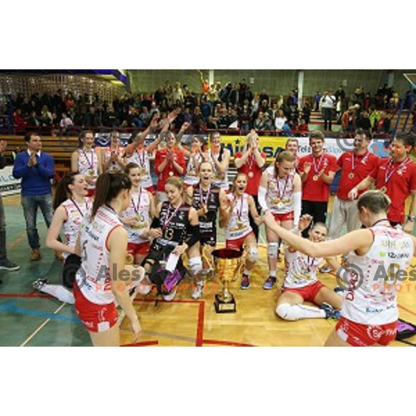 Players of Nova KBM Branik celebrate victory in the Final of Slovenian Volleyball Cup between Calcit Volleyball and Nova KBM Branik in Kamnik, Slovenia on January 9, 2016