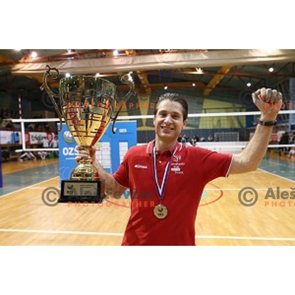 Sebastijan Skorc, head coach of Nova KBM Branik celebrates victory in the Final of Slovenian Volleyball Cup between Calcit Volleyball and Nova KBM Branik in Kamnik, Slovenia on January 9, 2016