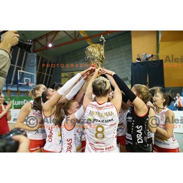 Players of Nova KBM Branik celebrate victory in the Final of Slovenian Volleyball Cup between Calcit Volleyball and Nova KBM Branik in Kamnik, Slovenia on January 9, 2016