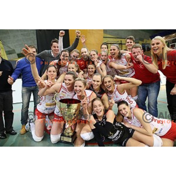 Players of Nova KBM Branik celebrate victory in the Final of Slovenian Volleyball Cup between Calcit Volleyball and Nova KBM Branik in Kamnik, Slovenia on January 9, 2016