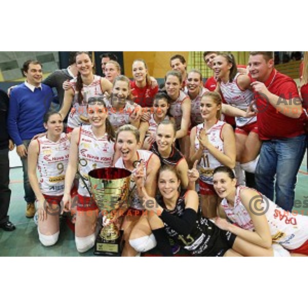 Players of Nova KBM Branik celebrate victory in the Final of Slovenian Volleyball Cup between Calcit Volleyball and Nova KBM Branik in Kamnik, Slovenia on January 9, 2016