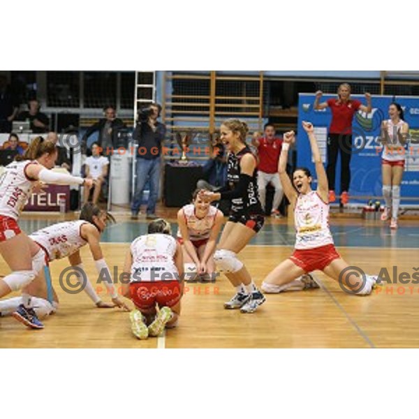 Players of Nova KBM Branik celebrate victory in the Final of Slovenian Volleyball Cup between Calcit Volleyball and Nova KBM Branik in Kamnik, Slovenia on January 9, 2016