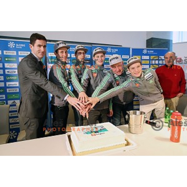 Peter Prevc, Jurij Tepes, Domen Prevc, Anze Lanisek, Goran Janus at press conference of Slovenia Nordic Ski team in Ljubljana on January 18, 2016