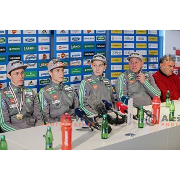 Peter Prevc, Jurij Tepes, Domen Prevc, Anze Lanisek, Goran Janus at press conference of Slovenia Nordic Ski team in Ljubljana on January 18, 2016