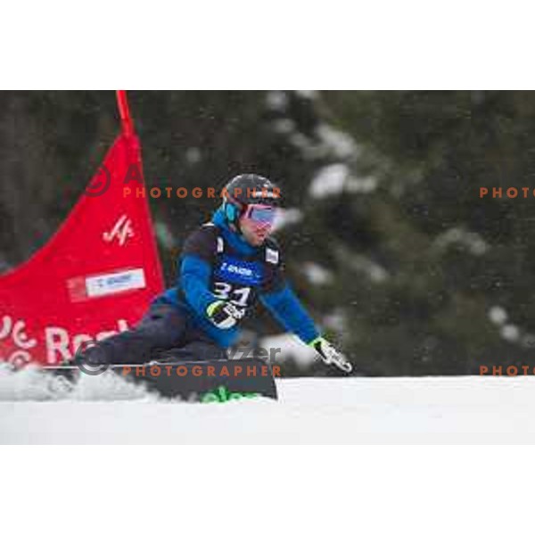 Jure Hafner in action during snowboard match of FIS Snowboard World Cup Parallel Gaint Slalom at Rogla, Slovenia, on January 23, 2016