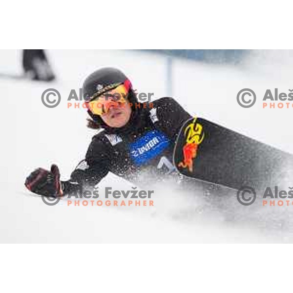Cheynenne Loch in action during snowboard match of FIS Snowboard World Cup Parallel Gaint Slalom at Rogla, Slovenia, on January 23, 2016
