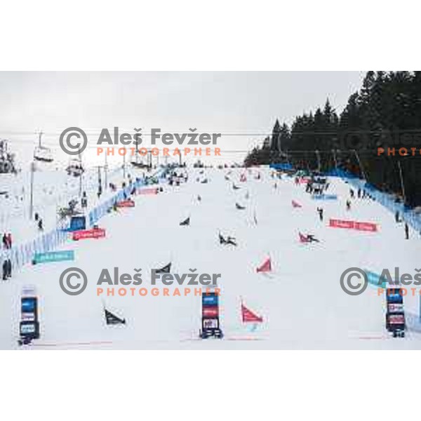 in action during snowboard match of FIS Snowboard World Cup Parallel Gaint Slalom at Rogla, Slovenia, on January 23, 2016