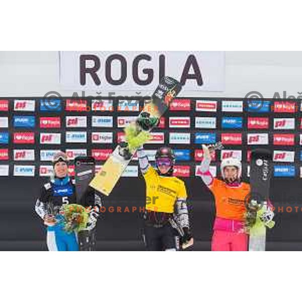 Marion Kreiner, Ester Ledetcka and Ekaterina Tudegesheva during snowboard match of FIS Snowboard World Cup Parallel Gaint Slalom at Rogla, Slovenia, on January 23, 2016