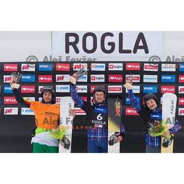 Radoslav Yankov, Andrey Sobolev and Vic Wild during snowboard match of FIS Snowboard World Cup Parallel Gaint Slalom at Rogla, Slovenia, on January 23, 2016
